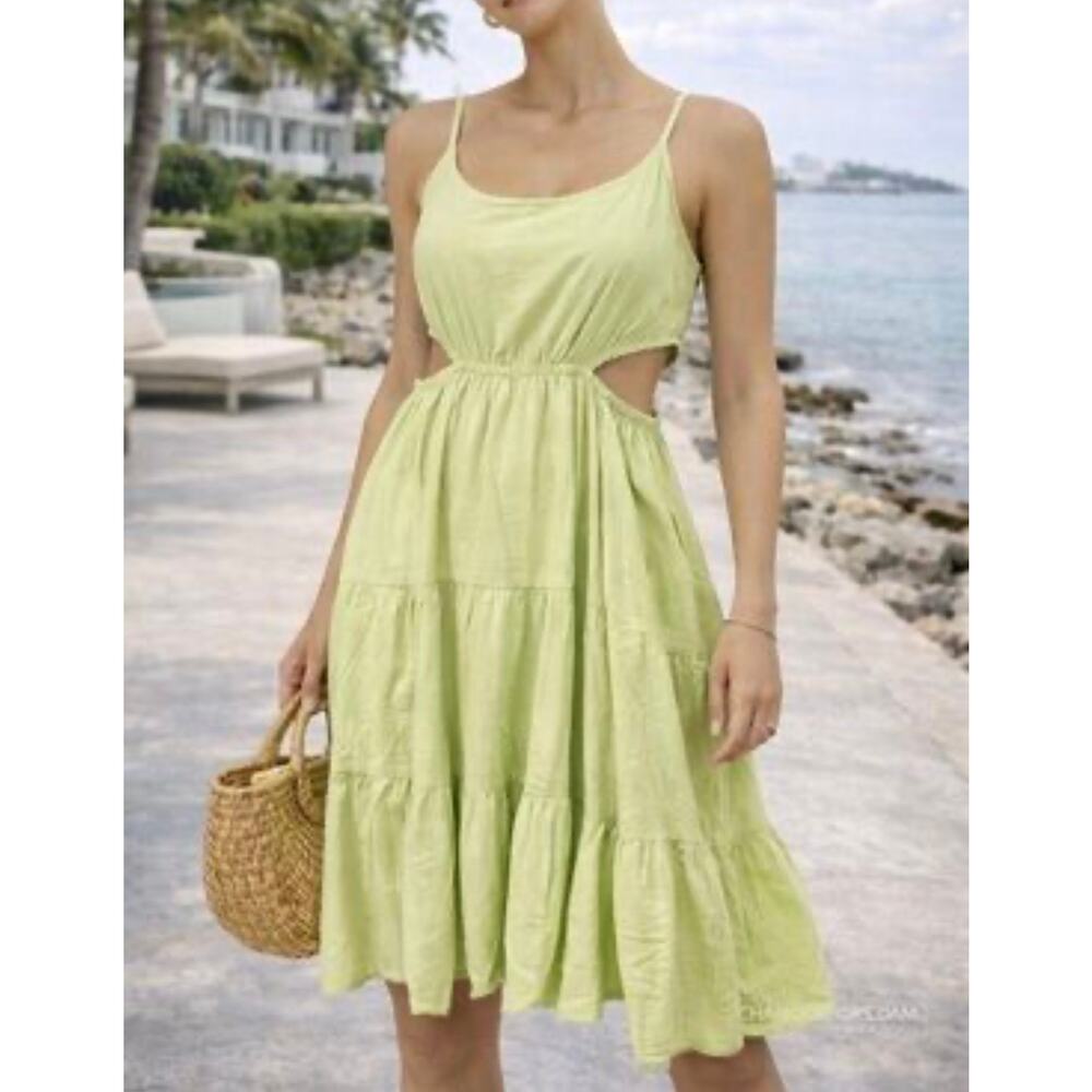 Serra Green Linen Blend Cutout Sundress Tiered Midi Dress Sz. M NWOT